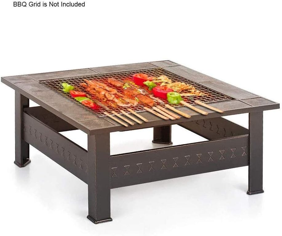 Outdoor Fire Pits Fire Pit with BBQ Grill Shelf,Outdoor Metal Brazier Square Table Firepit Garden Patio Heater with Waterproof Cover
