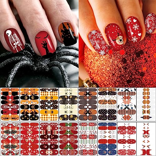 16 Sheets Holiday Nail Wraps Stickers Halloween & Christmas All Seasonal Full Nail Polish Strips DIY Self-Adhesive Fall Winter Nail Art Decals with 2 Piece Nail Files for Party Decor (224 Pieces)