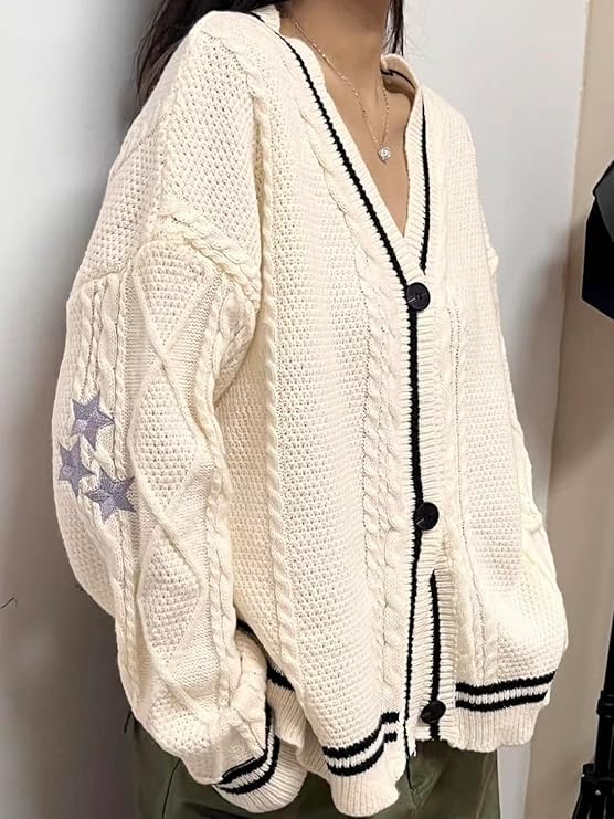Women Star Embroidery Cardigan Long Sleeve V Neck Knit Sweater Oversized Button Down Knitwear Coat Outerwear3