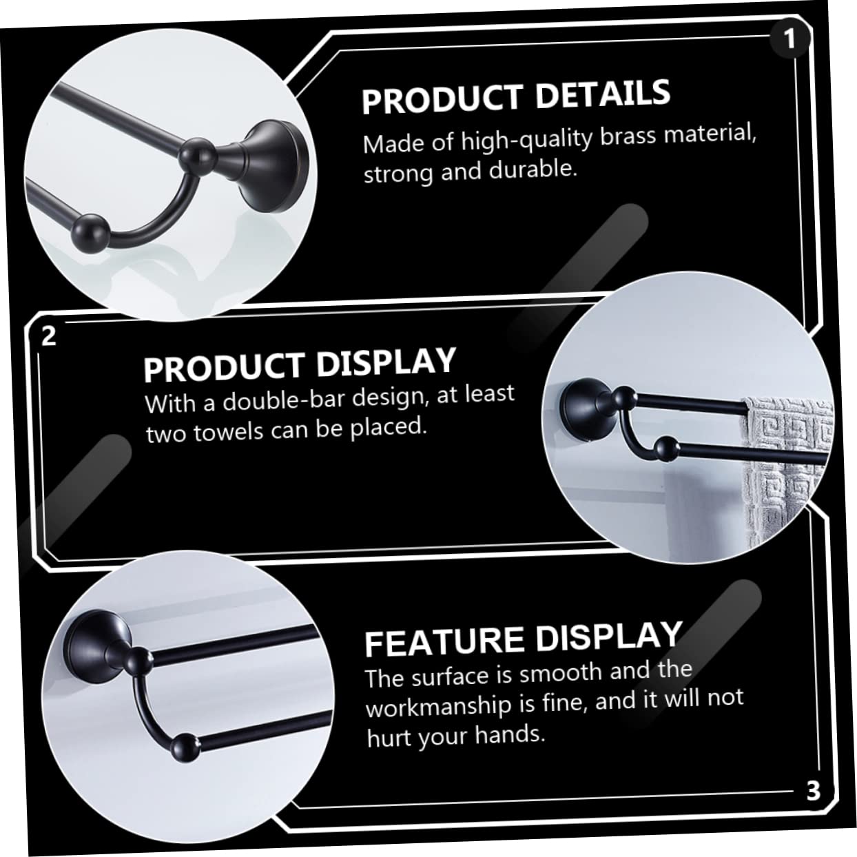 Alipis Wall Mounted Holder Toallero de Doble Varilla para Baño, Latón Negro, Alta Estabilidad y Superficie Lisa, Accesorio para Toallas