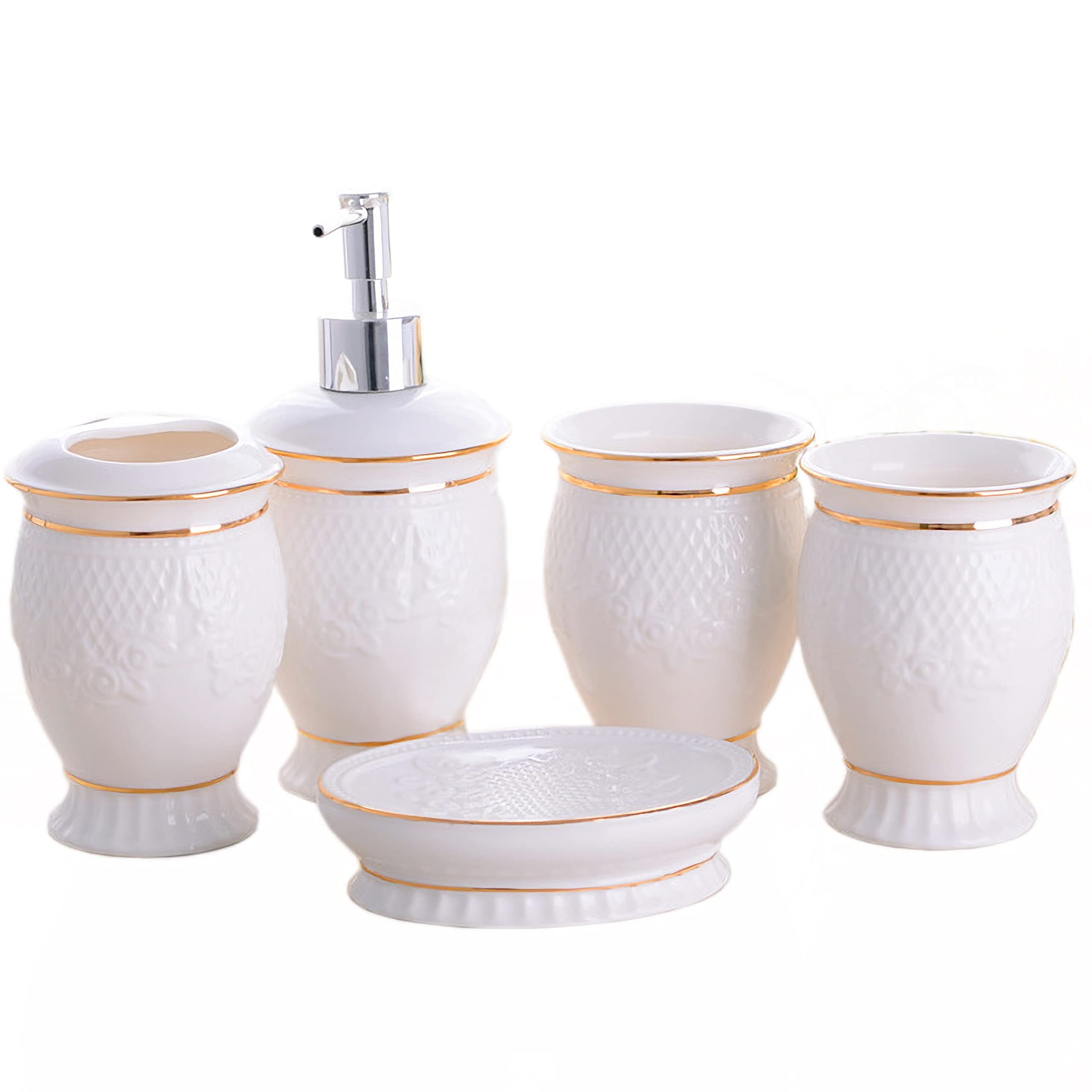 Juego de dispensador de jabón para baño, 5 Piezas, Accesorios Modernos para decoración de baño. Juego de Porta cepillos de Dientes para baño,Blanco,5 pcs