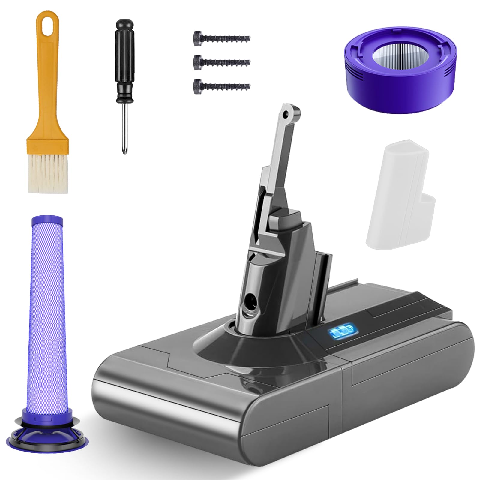 Batterie pour Dyson V8 / Absolute/Animal/Fluffy/Motorhead/Absolute Pro SV10 aspirateur sans Fil Chargeur aspirateur Portable Batterie de Rechange avec Grande capacité (+2 Filtre Post)