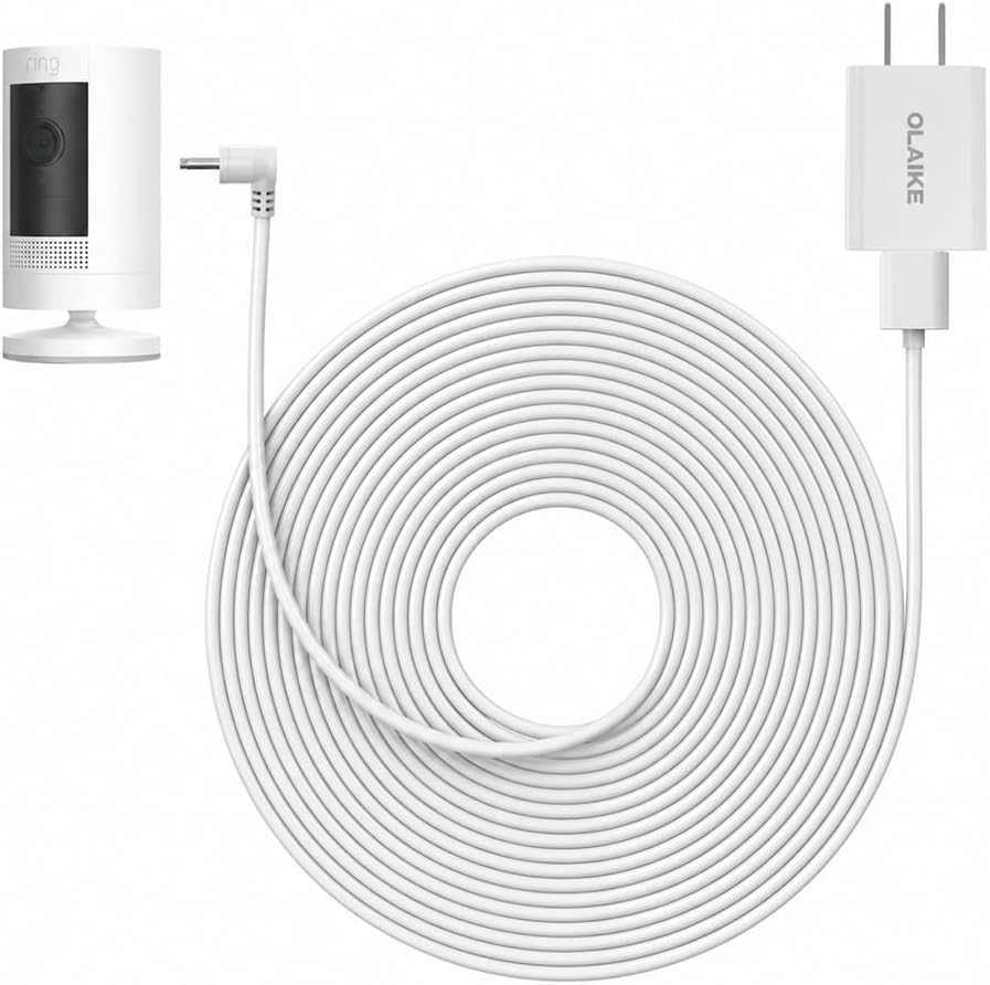 OLAIKE 26FT/8M Power Cord and Adapter Compatible with Ring Stick Up Cam Battery (3rd & 2nd Gen) /Plug-in/Spotlight Cam Battery, 10W Weatherproof DC Port Cord for Continuous Rapid Charging, White