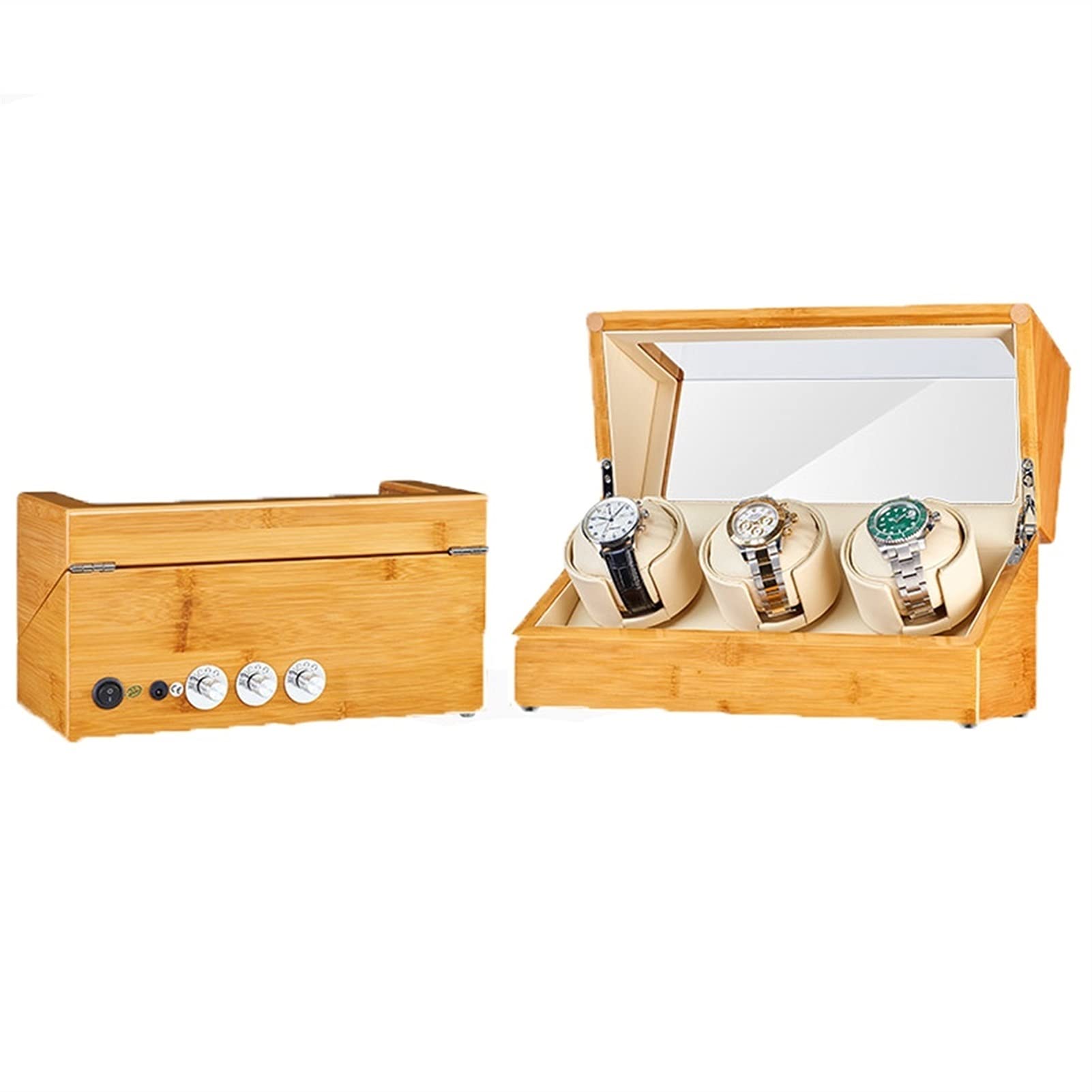 Watch Display Box Automatic Watch Winder for 3 Watches Bamboo Wood Watches Display Box with Quiet Japanese Motor Flexible Watch Pillows Fit La