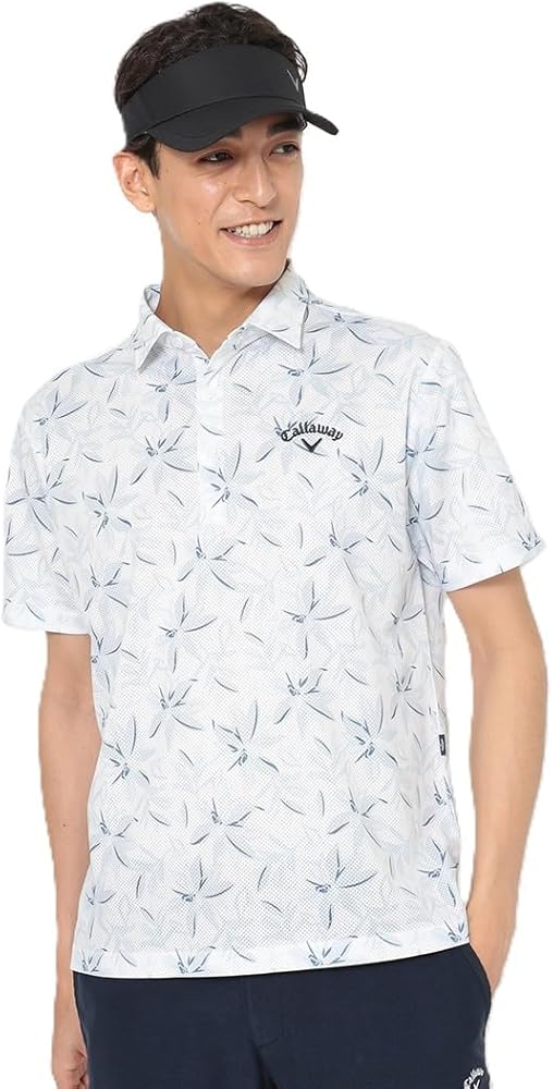 美品 Callaway 花柄 吸汗速乾 ポロシャツ M キャロウェイ ゴルフウェア メンズ 半袖 総柄 刺繍 CALLAWAY キャロウェイ 半袖ポロシャツ 花柄 ブルー系 サイズ：M