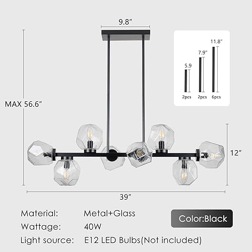 Miniatura 9 de Jonsi Lámpara de comedor sobre mesa, lámparas de mediados de siglo para comedor, candelabro moderno negro, 8 luces de globo lineal, lámpara de techo