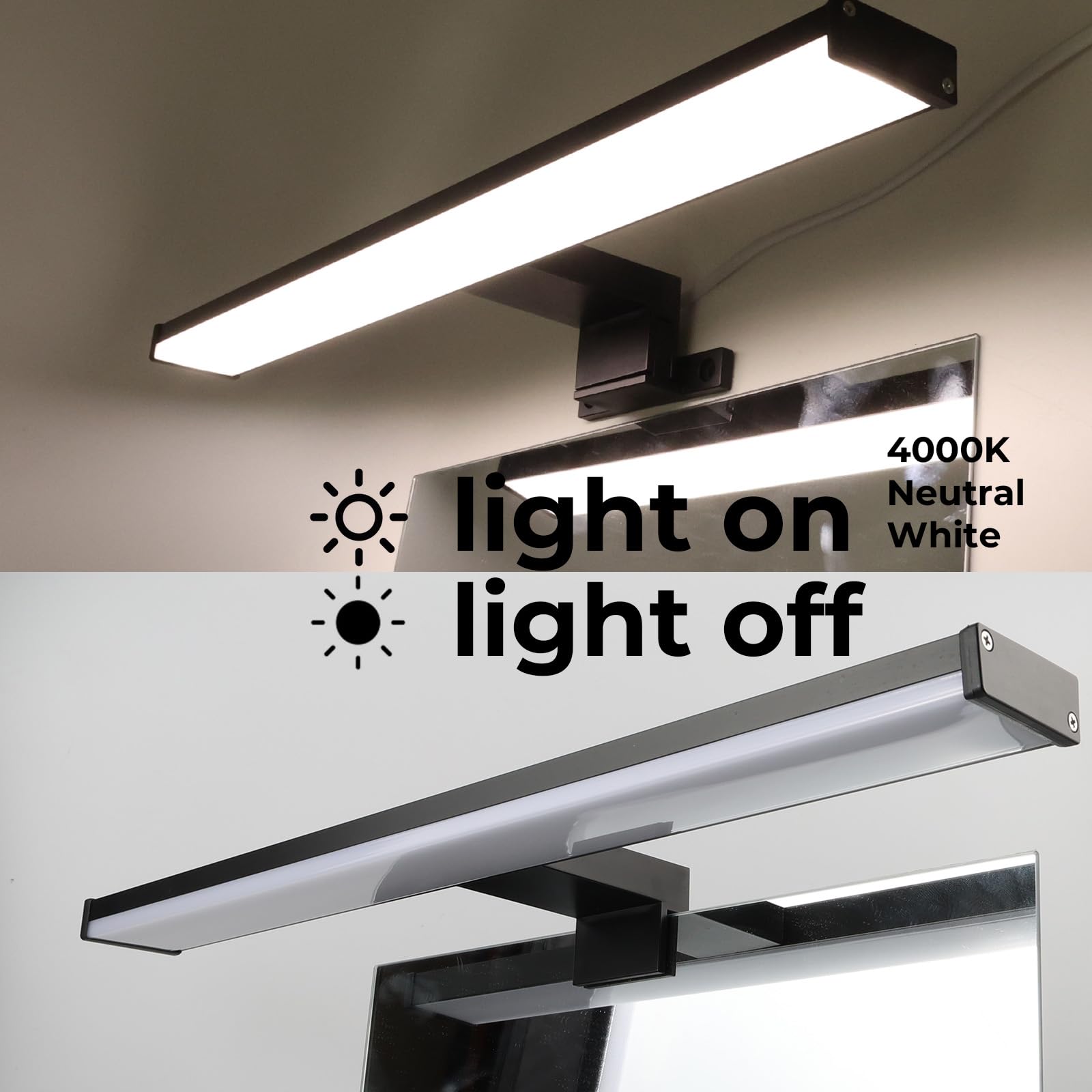 Alpinaluz Aplique LED para Espejo de Baño – Luz Blanca Neutra 4000K – IP44 – Carcasa de Aluminio y Soportes en Policarbonato Negro – Montaje en Espejo, Pared o Mueble (40cm 10W)