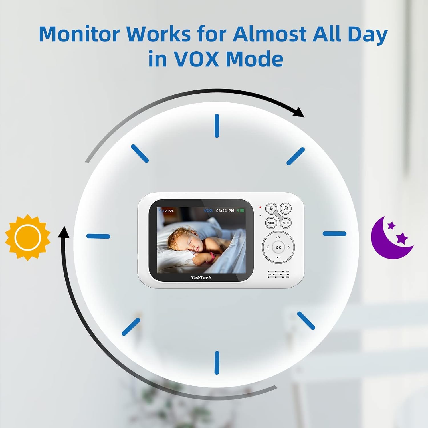 TakTark Baby Monitor Video e Audio, 3.2'' IPS 750mAh Telecamera Bambini con Monitor Video Baby Monitor Videocamera VOX, Visione notturna, Comunicazione Bidirezionale Sensore di temperatura