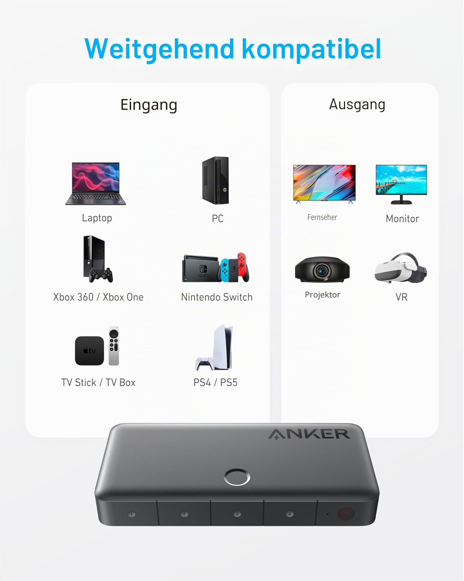 Anker HDMI Switch, 4K@60Hz Umschalter, 4 in 1 Gerät mit glatter Oberfläche, unterstützt HDR, 3D, Dolby, DTS, Kompatibel mit Laptop, PCs, Xbox, Projektor (ohne Netzteil, Batterien für Fernbedienung)