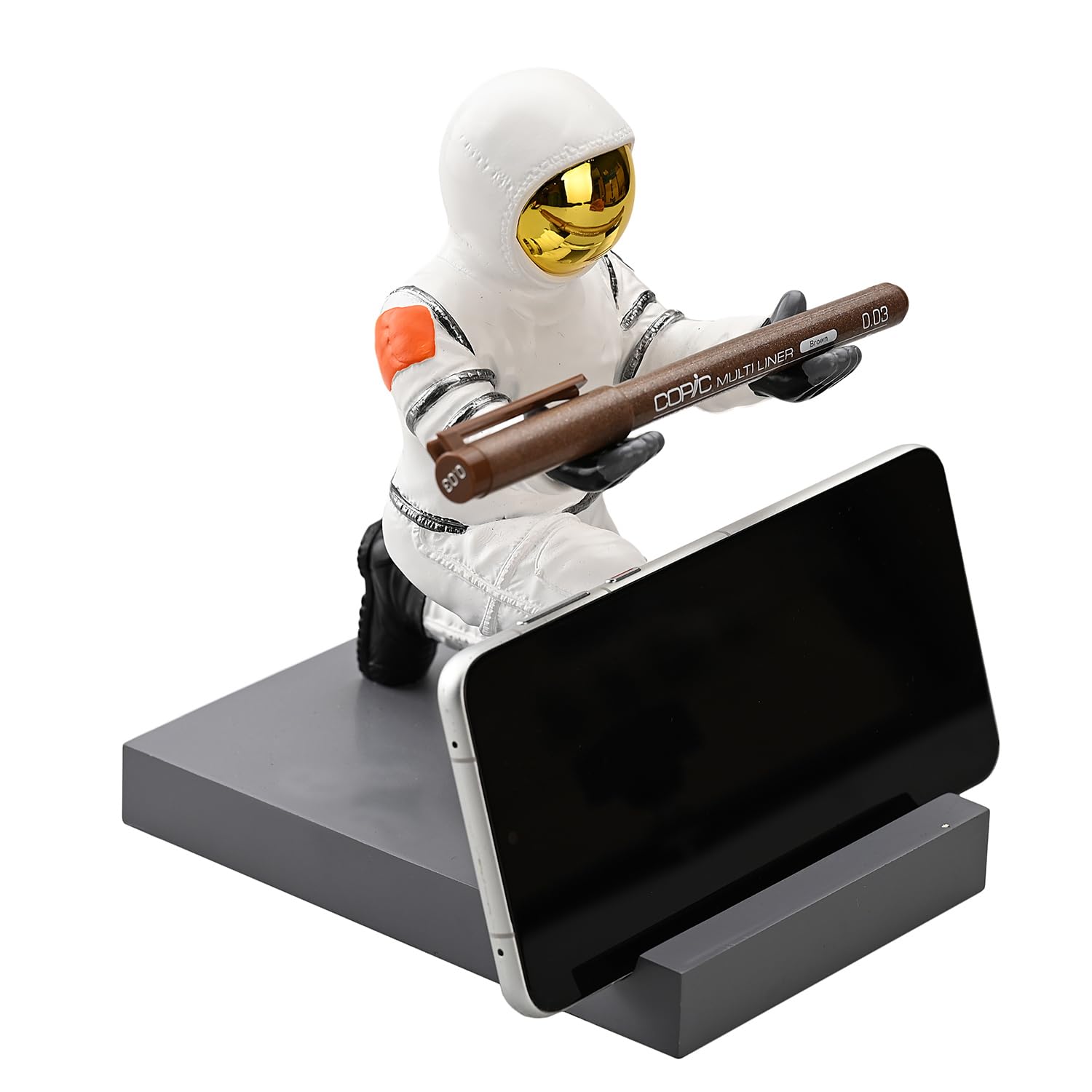 CYXStar Astronaut Resin Pen Holder, Mobile Phone Stand, Device Stand, Desk Organizer Decorative Pen Holder (White&Golden)