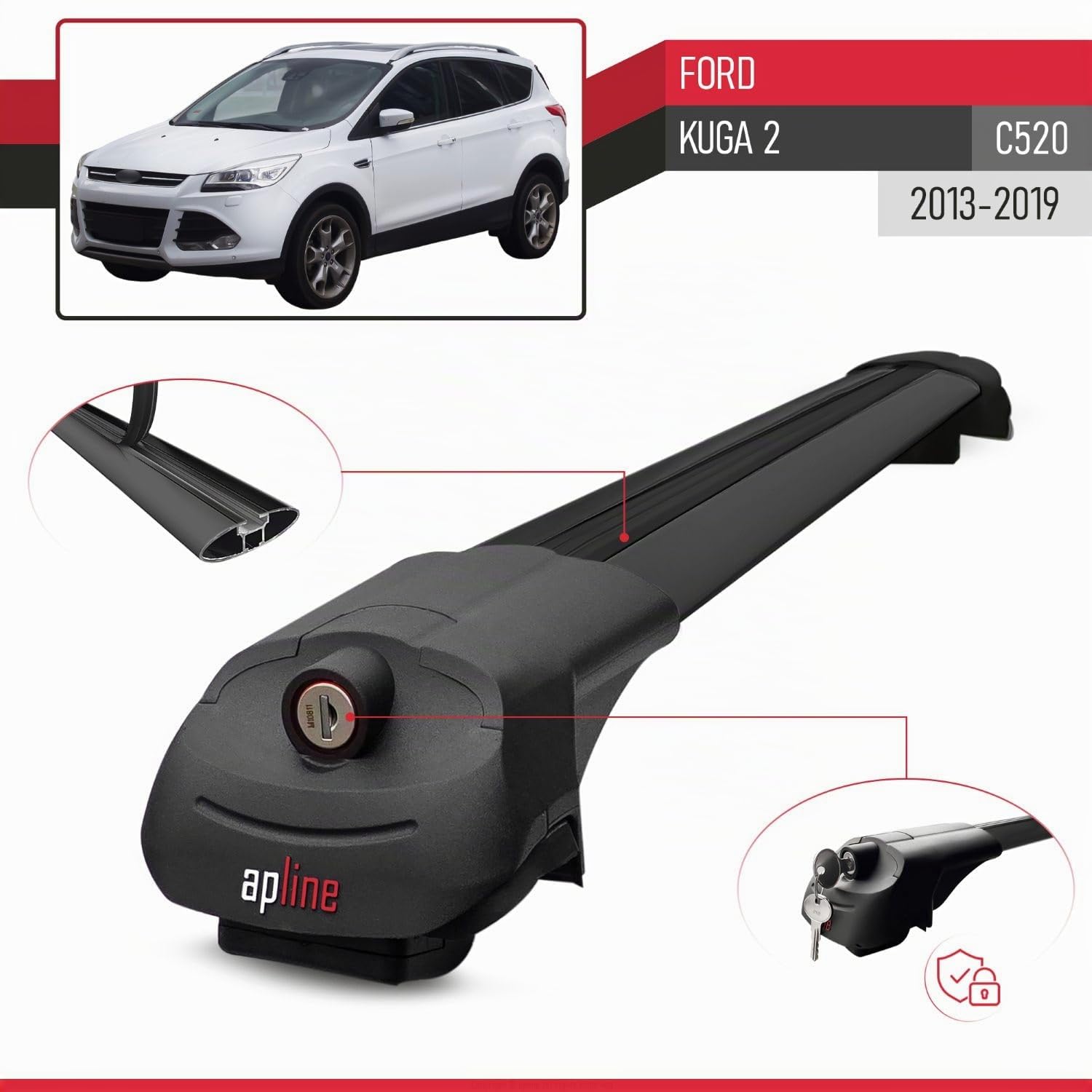 Compatible con Ford Kuga 2 (C520) 2013-2019 Ace-1 Barras de Techo Auto Portaequipajes Barras Transversales Negro Aluminio 2 Barras