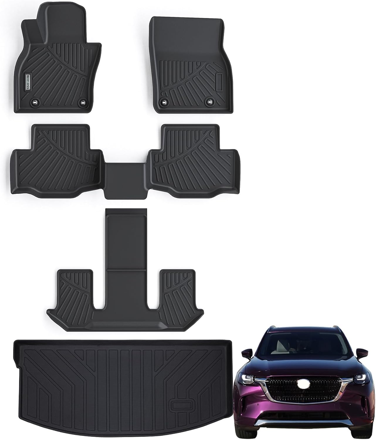 Floor Mats 3 Rows & Cargo Liner for 2024 2025 Mazda CX-90 6&7 Seats(Both Fit CX90 with and Without 2nd Row Console),TPE All Weather Protection Car Floor Liners & Trunk mat Accessories-Black