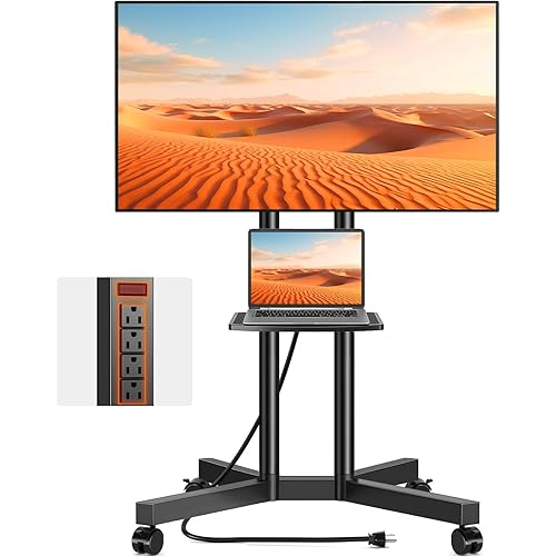 TVON Rolling TV Stand with Power Outlet for 32-75 Inch LCD LED OLED Flat Curved Screen TVs up to 88 lbs, Portable TV Stand on Wheels and Height Adjustment Max VESA 400x400mm