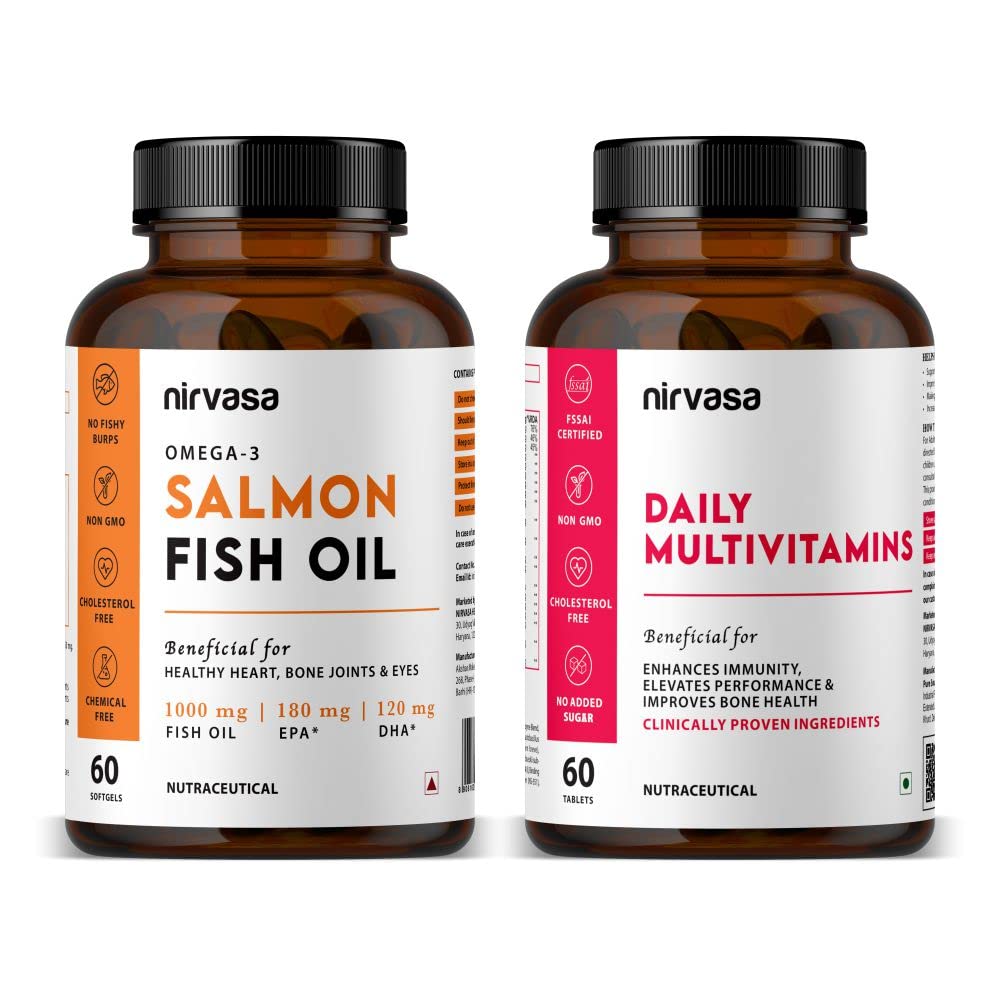 Nirvasa Omega-3 Salmon Fish Oil Capsules & Multivitamin Tablets | Supports Heart Health Immunity Energy & Wellbeing | Omega-3 Supplement & Daily Multivitamin for Men & Women | 60 Softgels + 60 Tablets