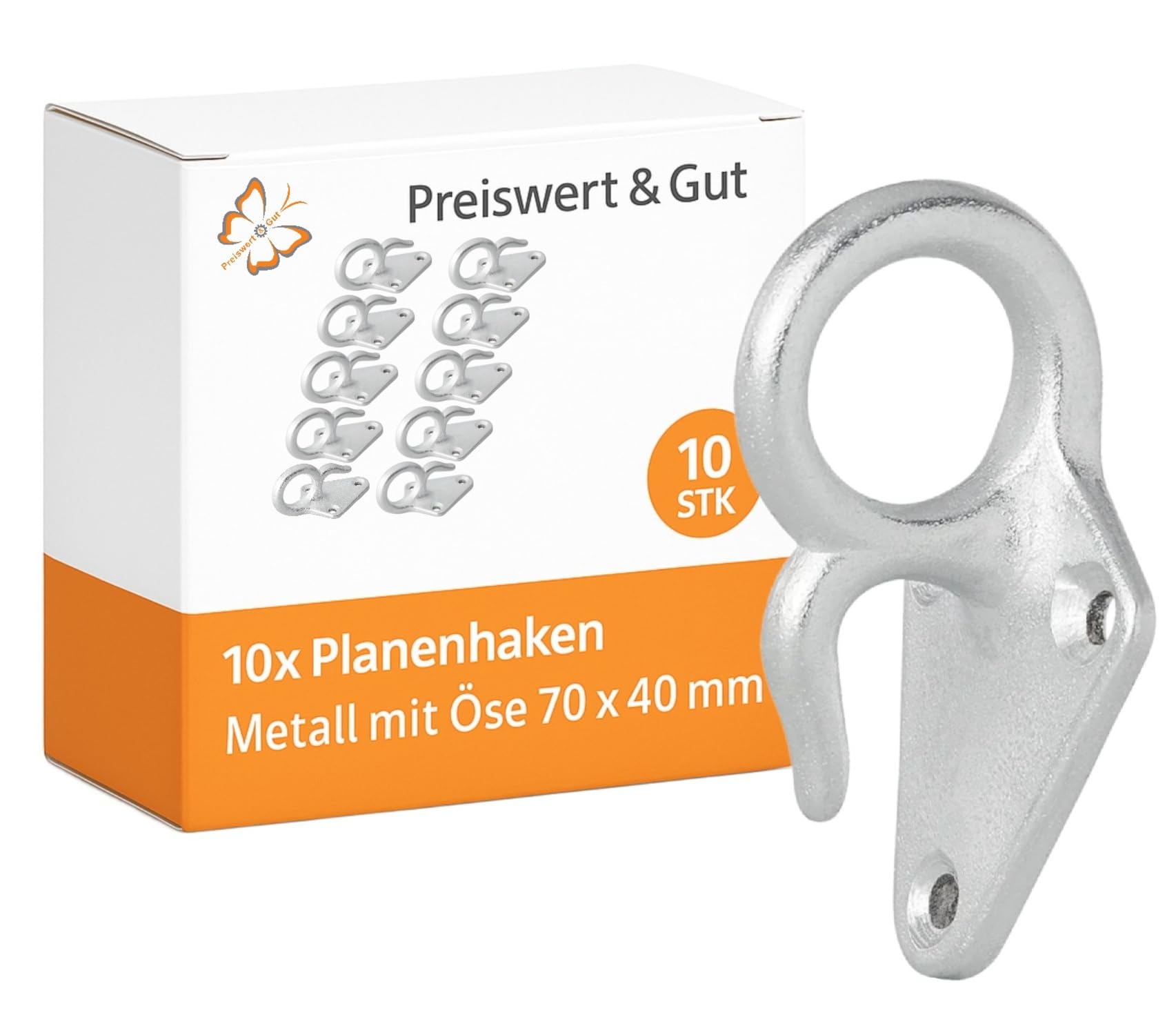 50 STK Dreilochplanenhaken Anhänger Gusseisen feuerverzinkt 70 x 40 mm | ilberne Metallhaken mit je 56 g, als Planenhaken, Netzhaken, Spannhaken und Zurrhaken für Anhänger nutzbar