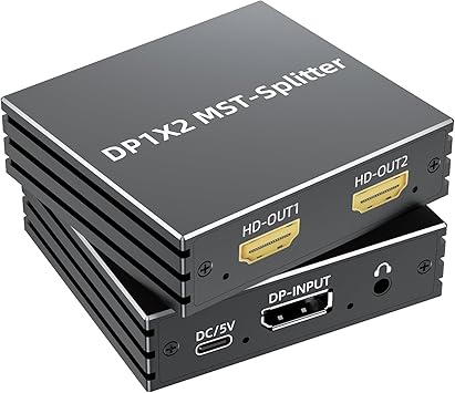 DisplayPort to Dual HDMI Adapter 4K@60Hz 1 in 2 out MST Hub Display port to HDMI Monitor Splitter for Dual Monitor Extend Mirror Display, with Audio Out, for PC NVIDIA AMD Graphics Card - w/Power
