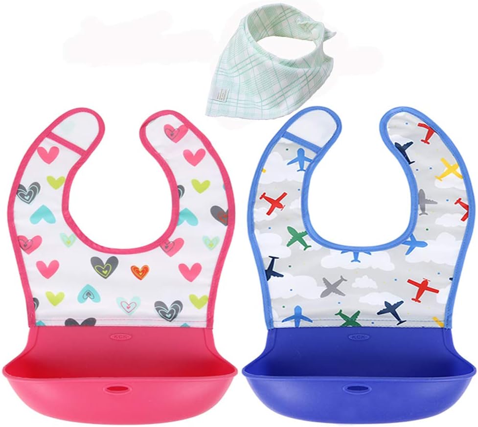 Chilly Soft Silicone Pocket Baby Bib, Roll Up Toddler Bibs, Waterproof Baby Bibs with Comfort-Fit Fabric Neck, 2 Pack(Red//Blue)
