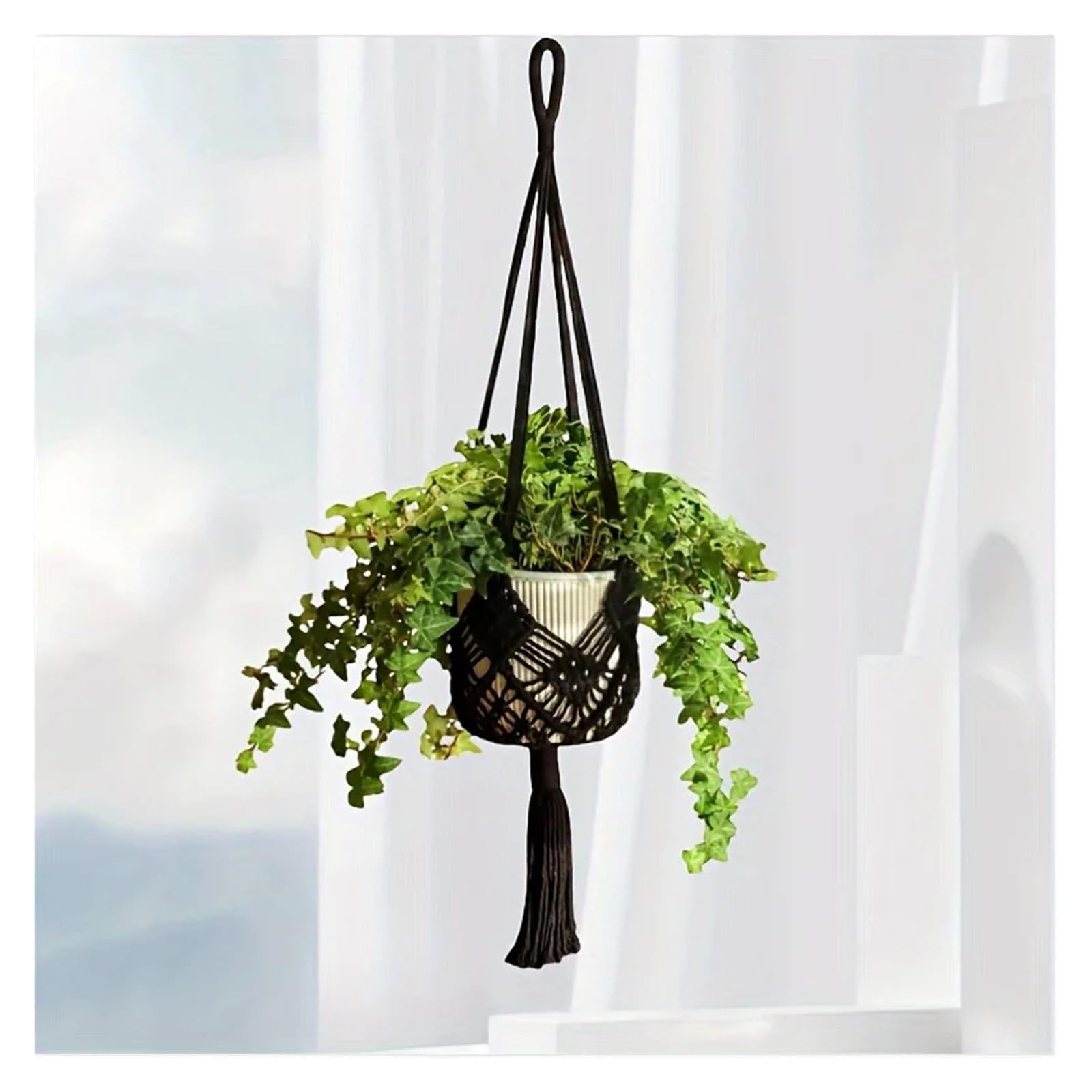 Appendini per Piante Macramè 1pc Macrame Plant Hanger for piante grasse appese for interni ed esterni Corda di cotone intrecciata Cestino appeso con custodia a rete(Black)
