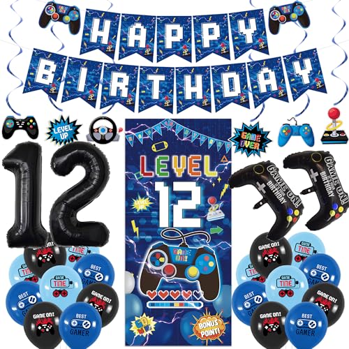 Image of Vlipoeasn Blue 12th Birthday Decorations for Boys, Video Game Level 12 Banner Backdrop Hanging Swirls for 12th Birthday Party, Gamer 12 Years Old Party Supplies