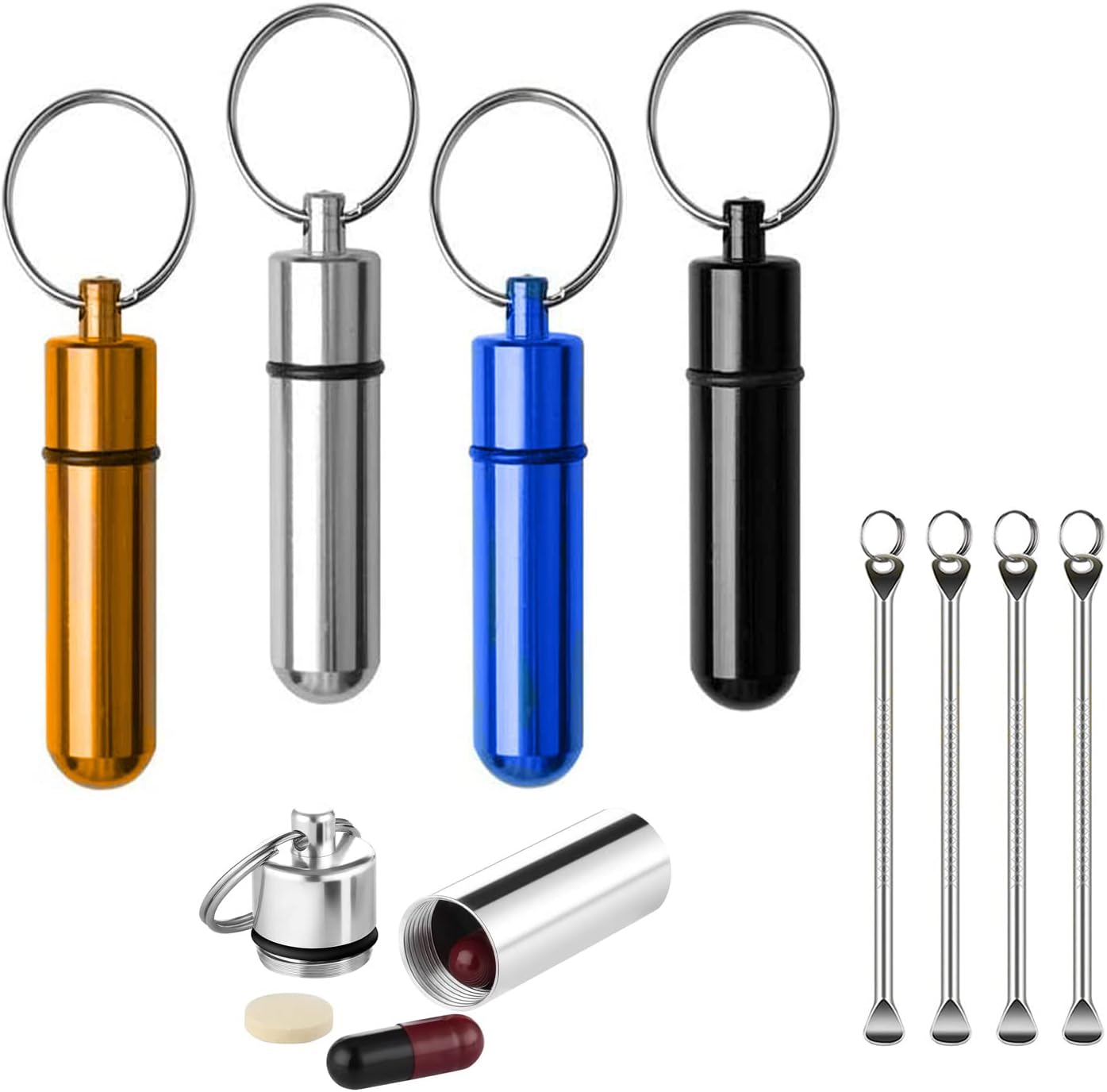 8Pcs Mini Aluminum Pill Box Waterproof Organizer Case Portable Container Keychain with Tiny Spoon Emergency Cash Stash Holder Medicine Bottle for Traveling Outdoors Camping (8 Pcs)