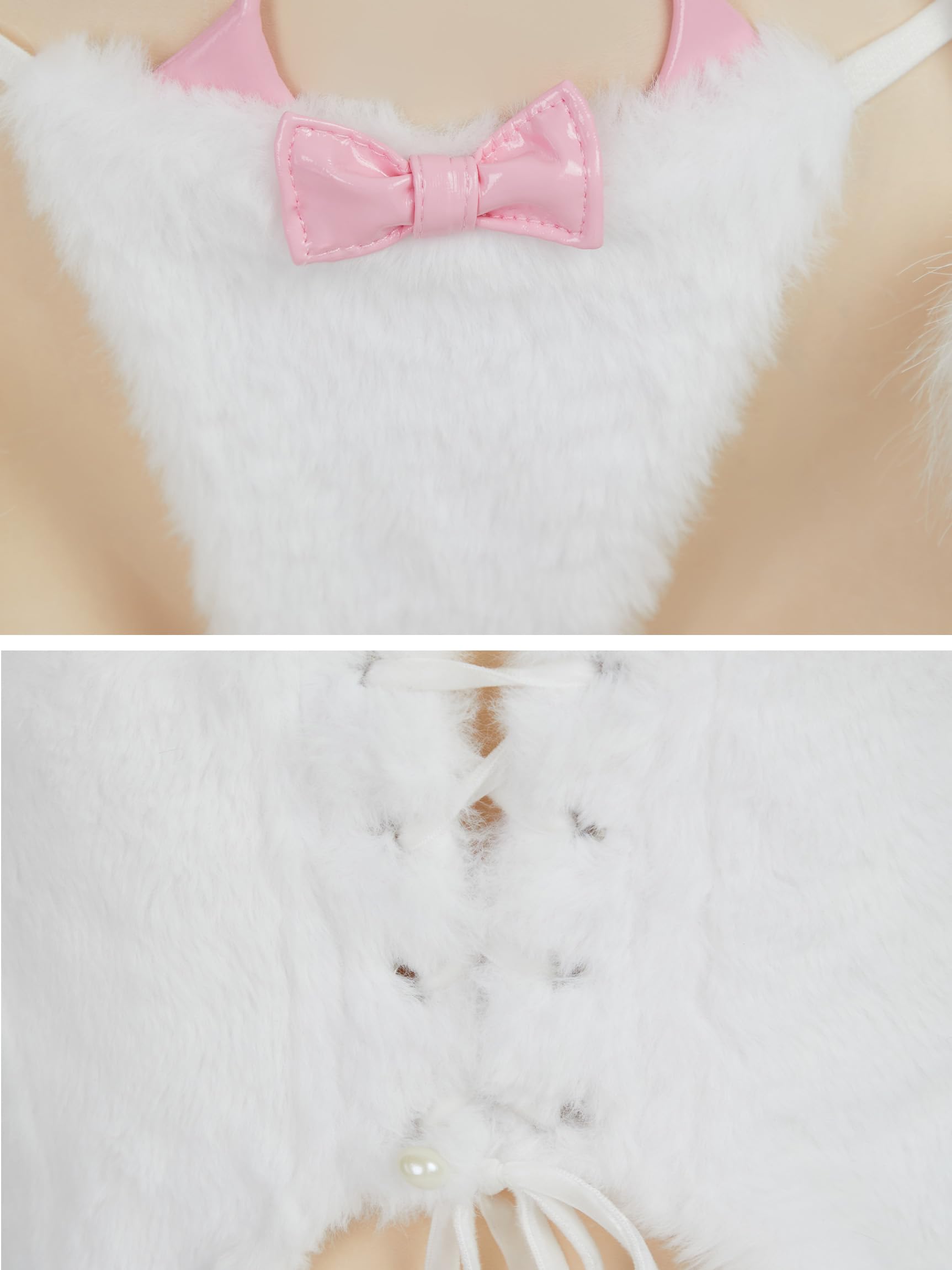 Mobbunny Cat Paw Pajamas Sexy lingerie Set for Women Plush White Cute Furry Cutout Loungewear Fuzzy Top Thong with Tail