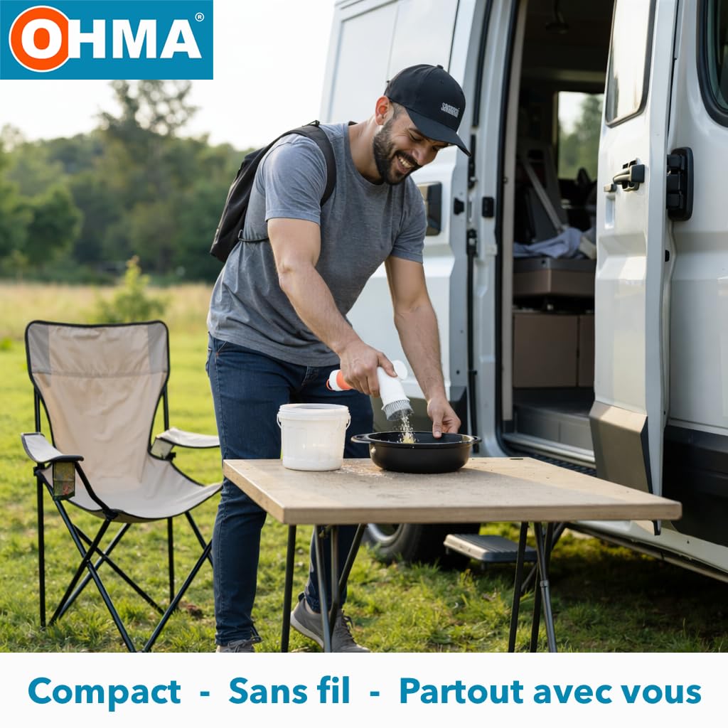 OHMA Brosse de Nettoyage Électrique Rotative – 4 Têtes – Jusqu'à 2h30 d'autonomie - Joints, Carrelage, Douche, Salle de Bain et Cuisine – Étanche IPX7 – USB-C – Garantie 3 Ans