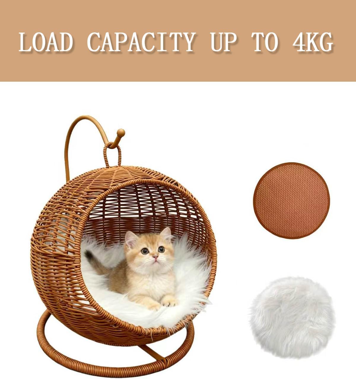 Wicker Cat Bed Indoor & Outdoor, Handwoven PP Rattan Cat Swing Bed with Removable Washable Cushion, Breathable Waterproof Cat House for Cats & Small Dogs (Small–11.4" L × 18.9" H)