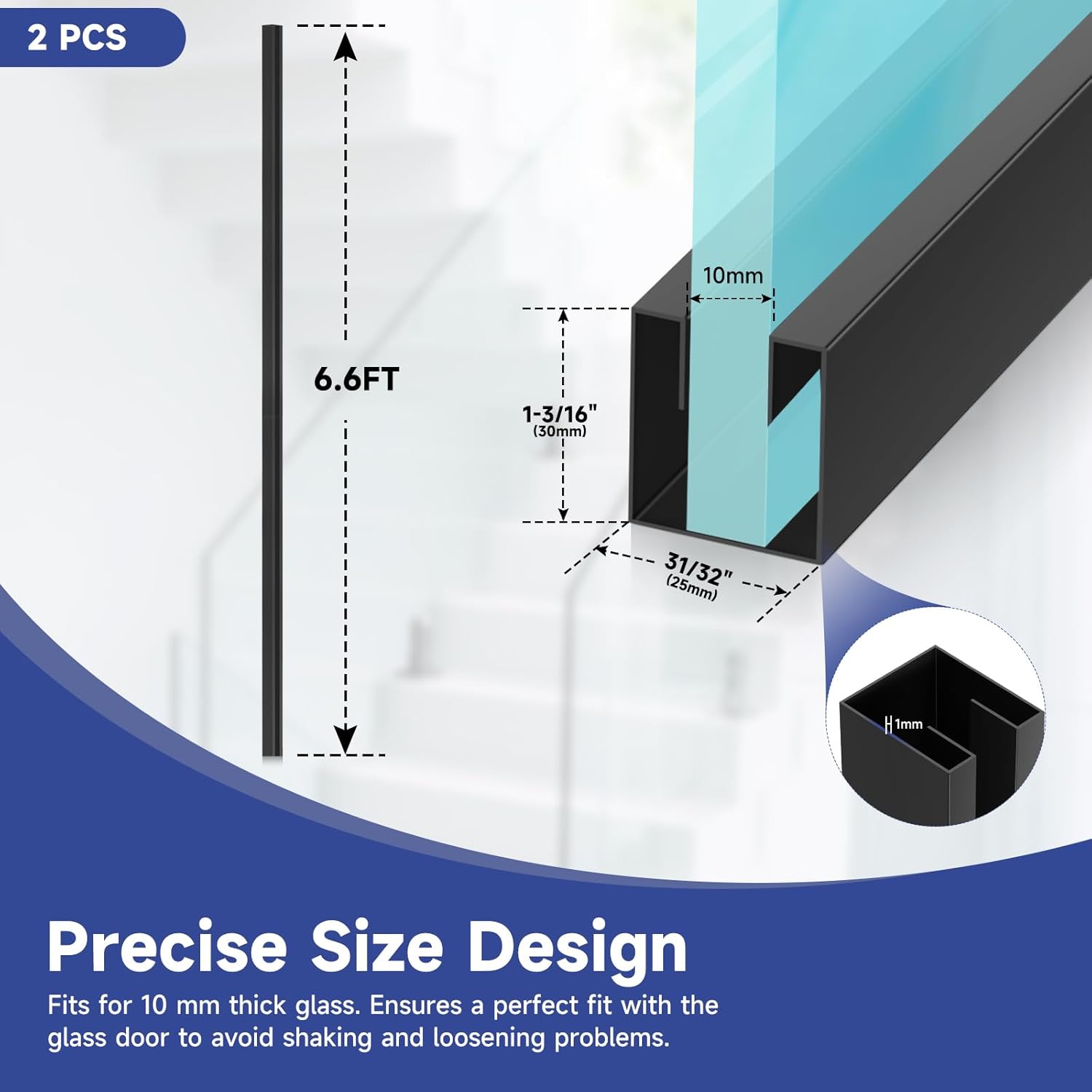 LukLoy 2 Pack 6'6" Stainless Steel T304 Glass Top Rails, Glass Railing Top Channel, Black Glass Cap Rail for 10mm or 3/8" Thick Glass