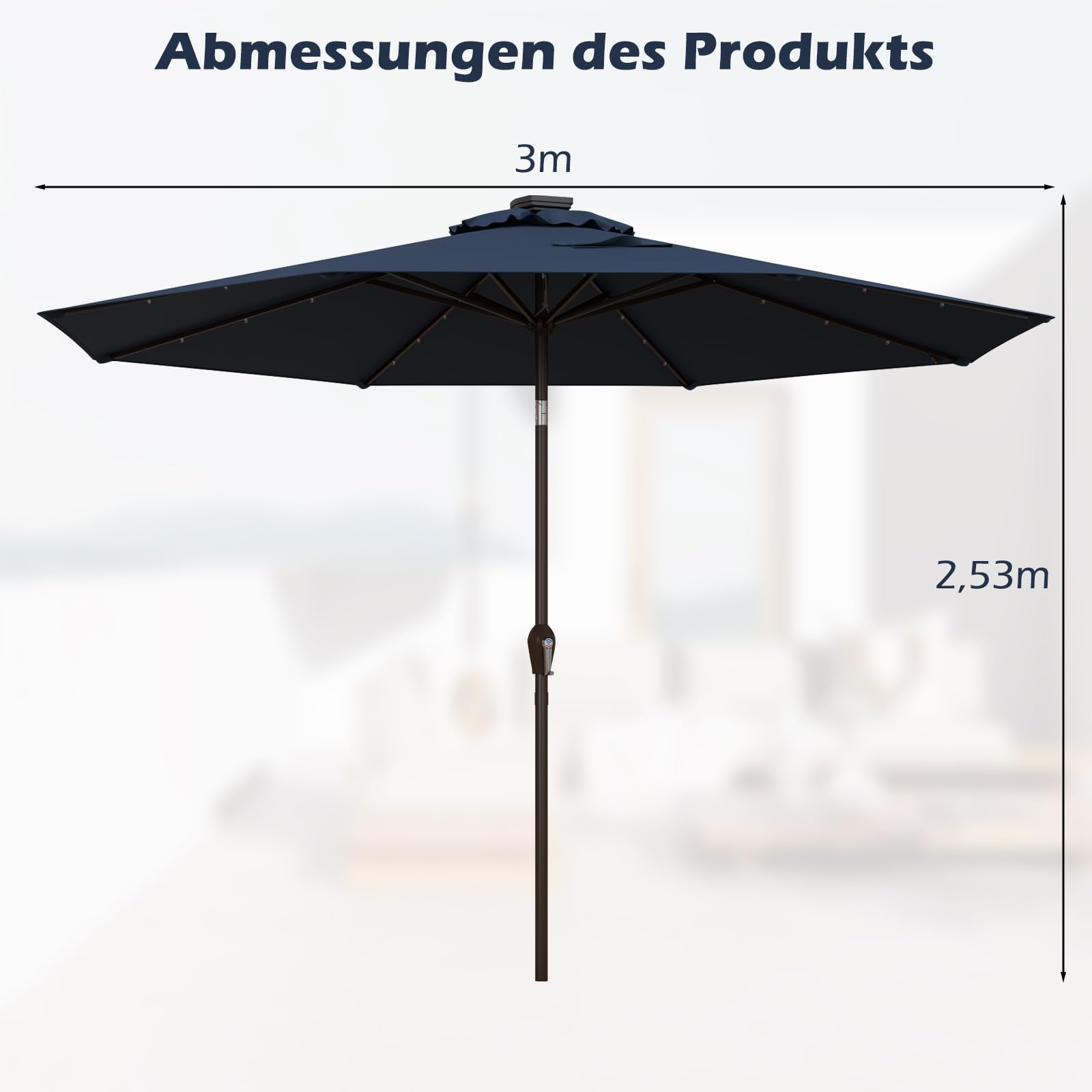 RELAX4LIFE Sonnenschirm Ø3M, Gartenschirm mit LED, Marktschirm Sechseck, Terrassenschirm mit Kurbelmechanismus, Kurbelschirm UV-beständig und Wasserabweisend, Ampelschirm Metallstruktur (Dunkelblau)