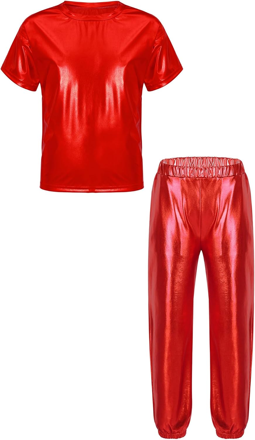 Kids Girls Boys 2 Piece Hip Hop Dance Clothes Shiny Metallic Short Sleeve Tshirts with Harem Trousers Set