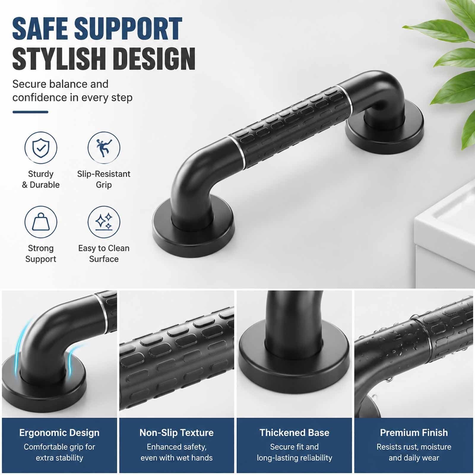 Barra De Apoyo para Ducha, Moderna Barra De Pared Mate con Agarre Antideslizante, Pasamanos De Acero Inoxidable para Hospitales Y Residencias De Ancianos.(Black,50cm)