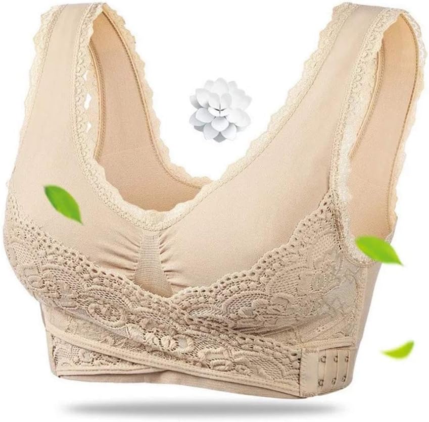 ZAK168 Super Comfort Bra Women Girls Sexy Cross Side Buckle Gather Lace Bra Seamless Anti-sagging Sports Bra Yoga Bralette Sleep Bras Wide Straps(M,Nude)