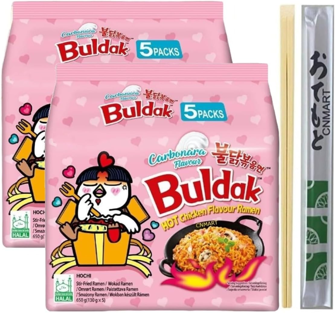 Korean Buldak Ramen Set - Carbonara Hot Chicken Spicy Stir Fried Ramyun Instant Noodle Halal (Pack of 10) with Chopsticks