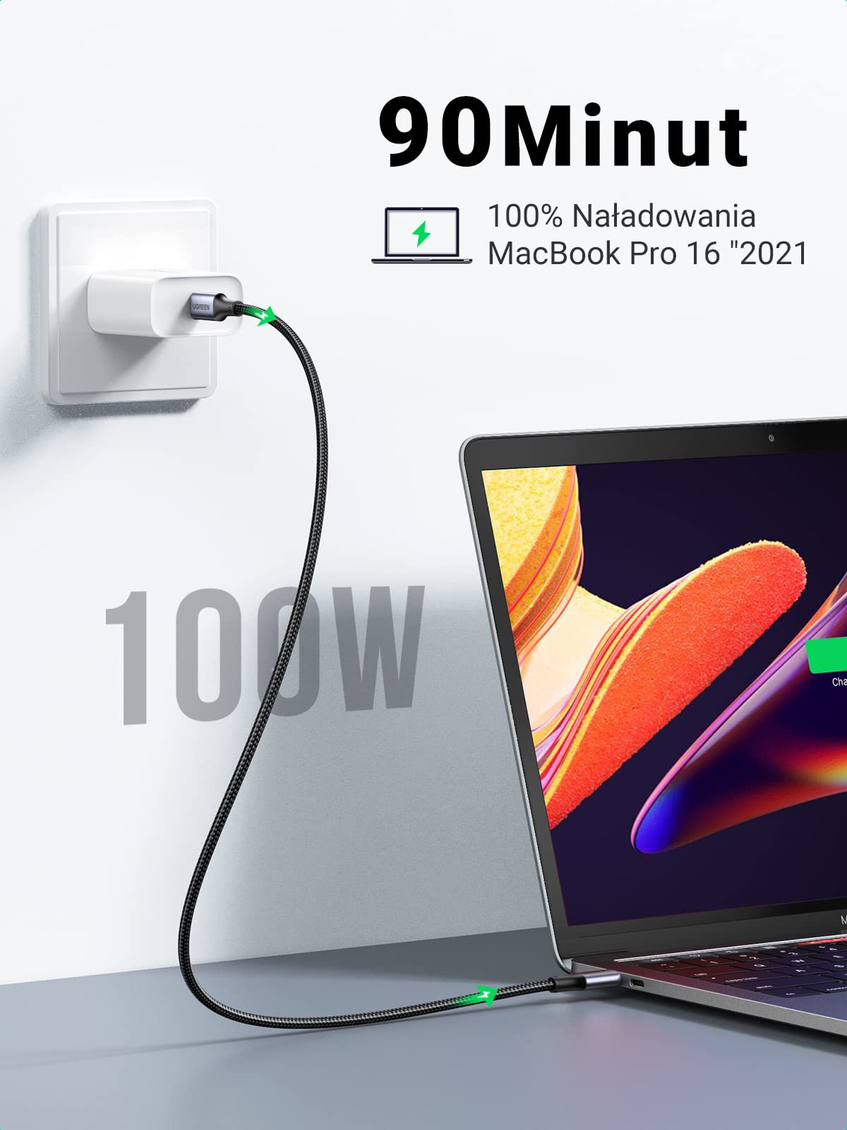 UGREEN USB-C kabel 100W do ładowania USB-C PD 3.0 szybkie ładowanie | Kabel PPS USB-C do USB-C dla iPhone 17/16/15, MacBook Pro/Air, iPad Pro, Galaxy S26, Steam Deck itp. (2M 1 szt.)