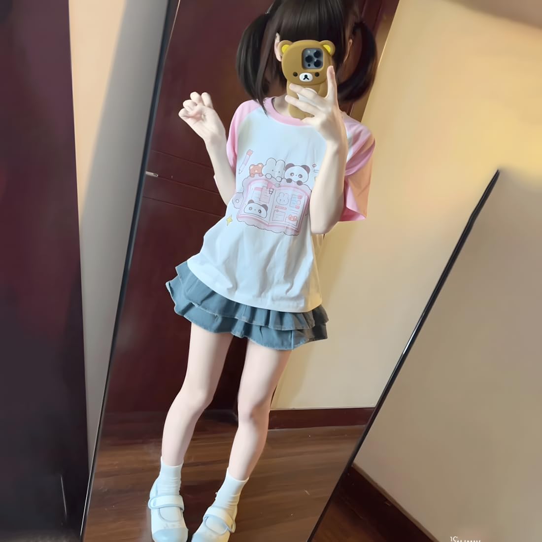 Kawaii Gothic Clothes Casual Crew Neck Raglan Short Sleeve Cute Cartoon Graphic Panda Bunny Print T-Shirt - Image 6