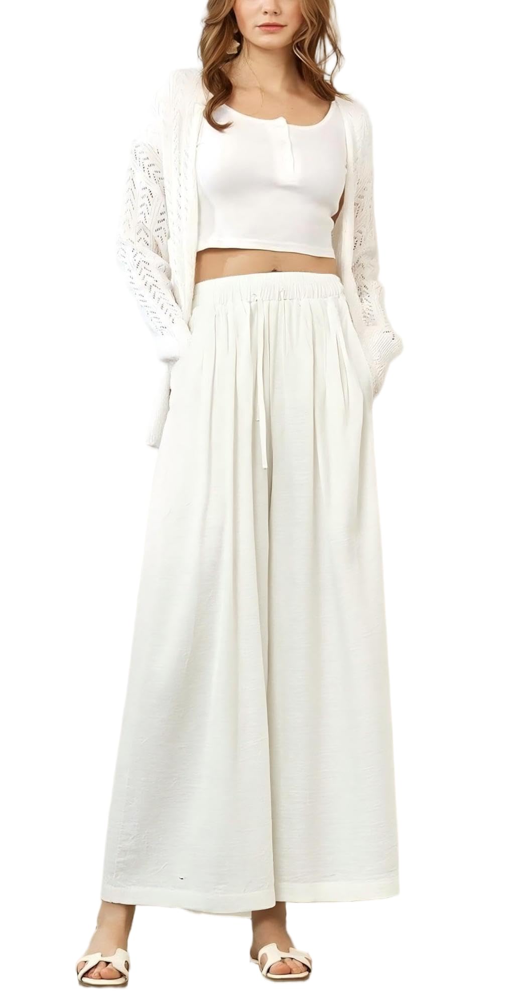 Womens High Elastic Wide Leg Pants - Lightweight Cotton Linen Loose Casual Pants for Daily Office