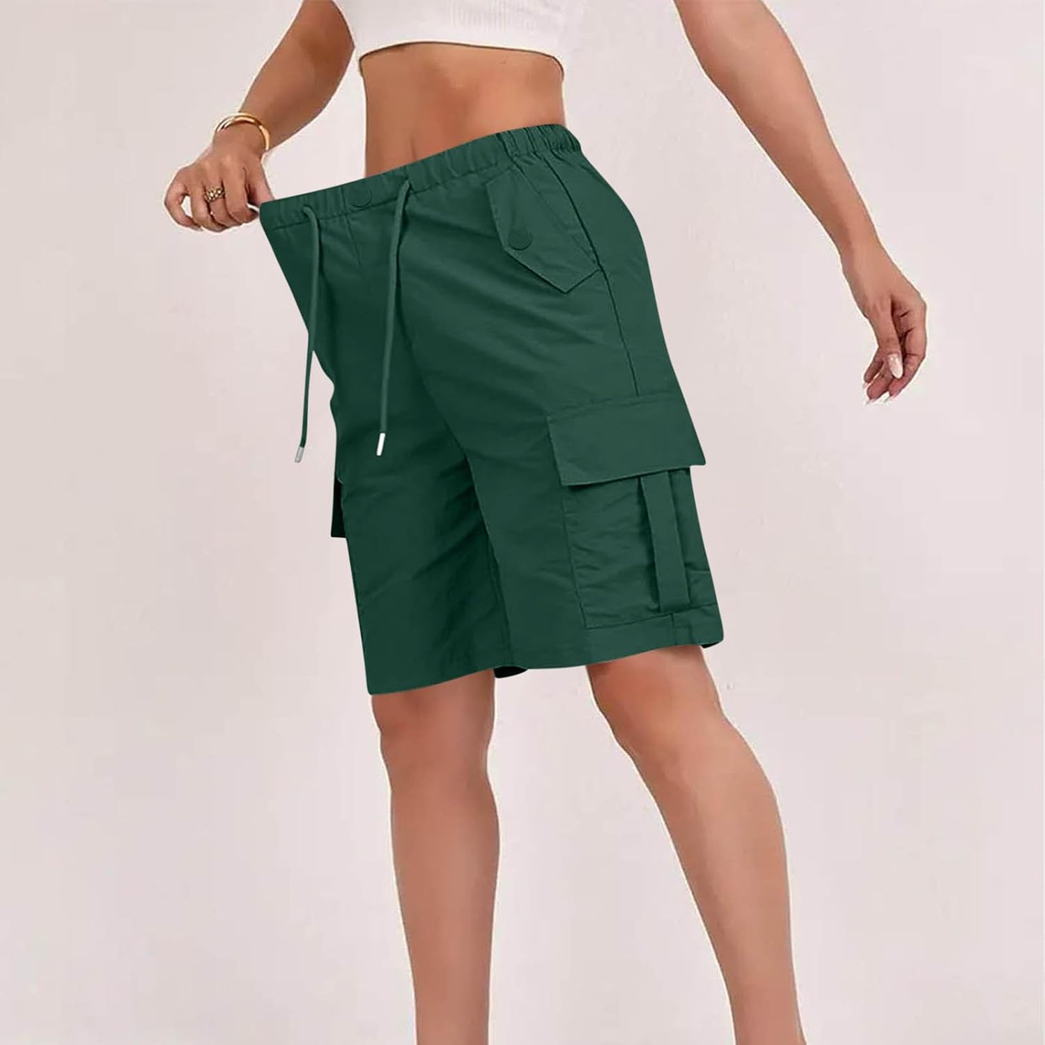 Bermuda Cargo Shorts for Women Knee Length Drawstring Elastic Waist Shorts Quick Dry Casual Summer Hiking Pants
