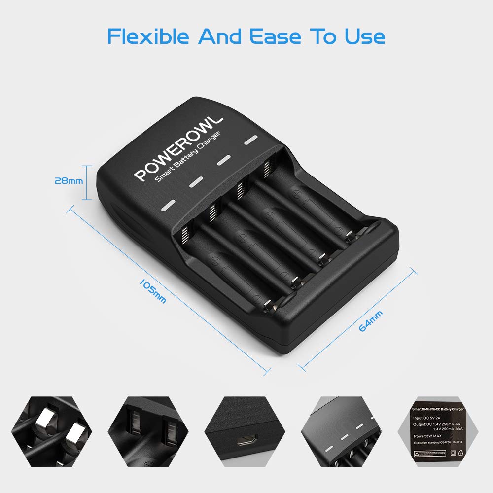 POWEROWL 4 Bay AA AAA Battery Charger (USB HighSpeed Charging, Independent Slot) for NiMH Ni