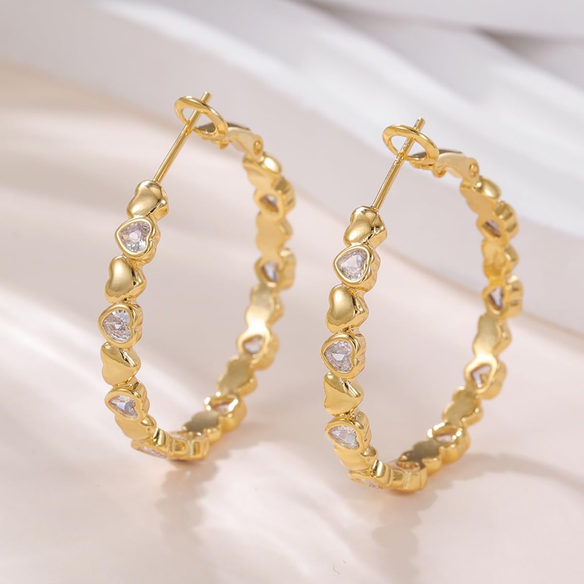 PABBEU S925 Sterling Silver Hoop Earrings for Women Cubic Zirconia Hypoallergenic Lightweight Dainty Heart Large Silver Hoop Earrings for Women 30/40mm - Image 5