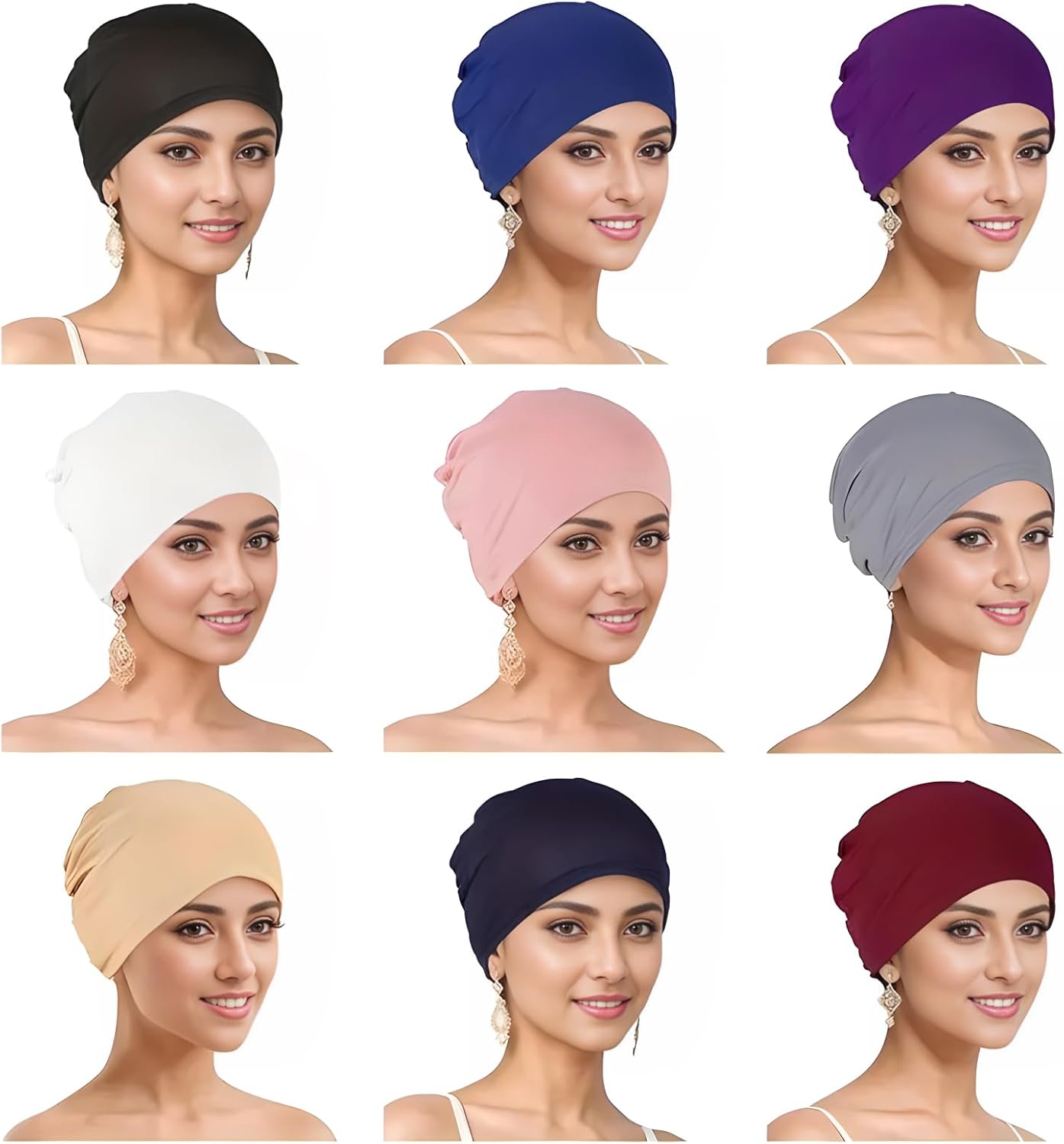 9 Pieces Solid Women Chemo Hat Stretchy Turban Beanie,Pre Tied Chemo Head Scarf Beanie Skull Cover Cap for Women Hair Loss - Image 2