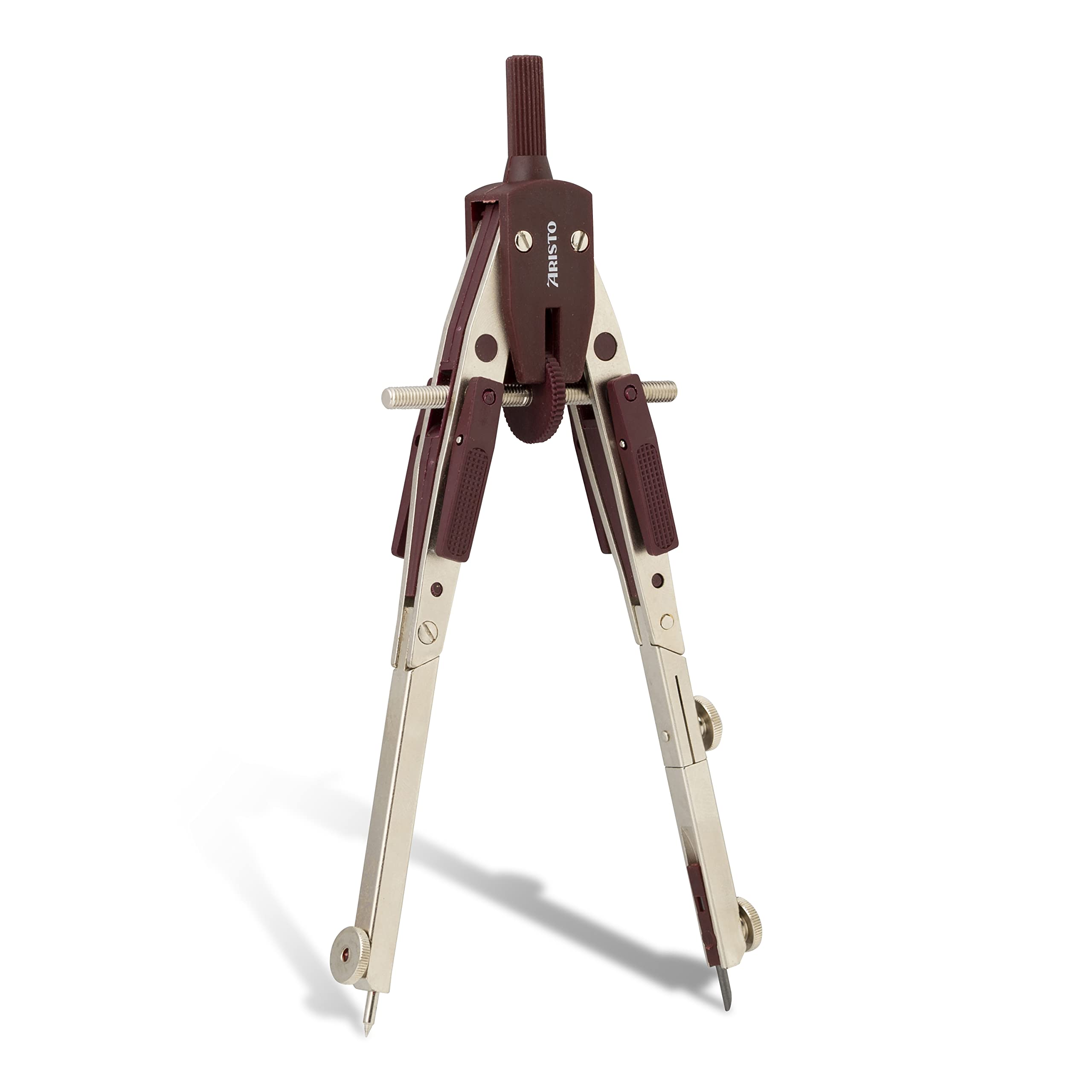 Aristo AR55510 Profi Schnellverstellzirkel inkl. Universal Adapter (2 Gelenke, max. Durchmesser der Zeichenkreise 400 mm, inkl. Zirkel Ersatzminen und Ersatznadel) silber weinrot