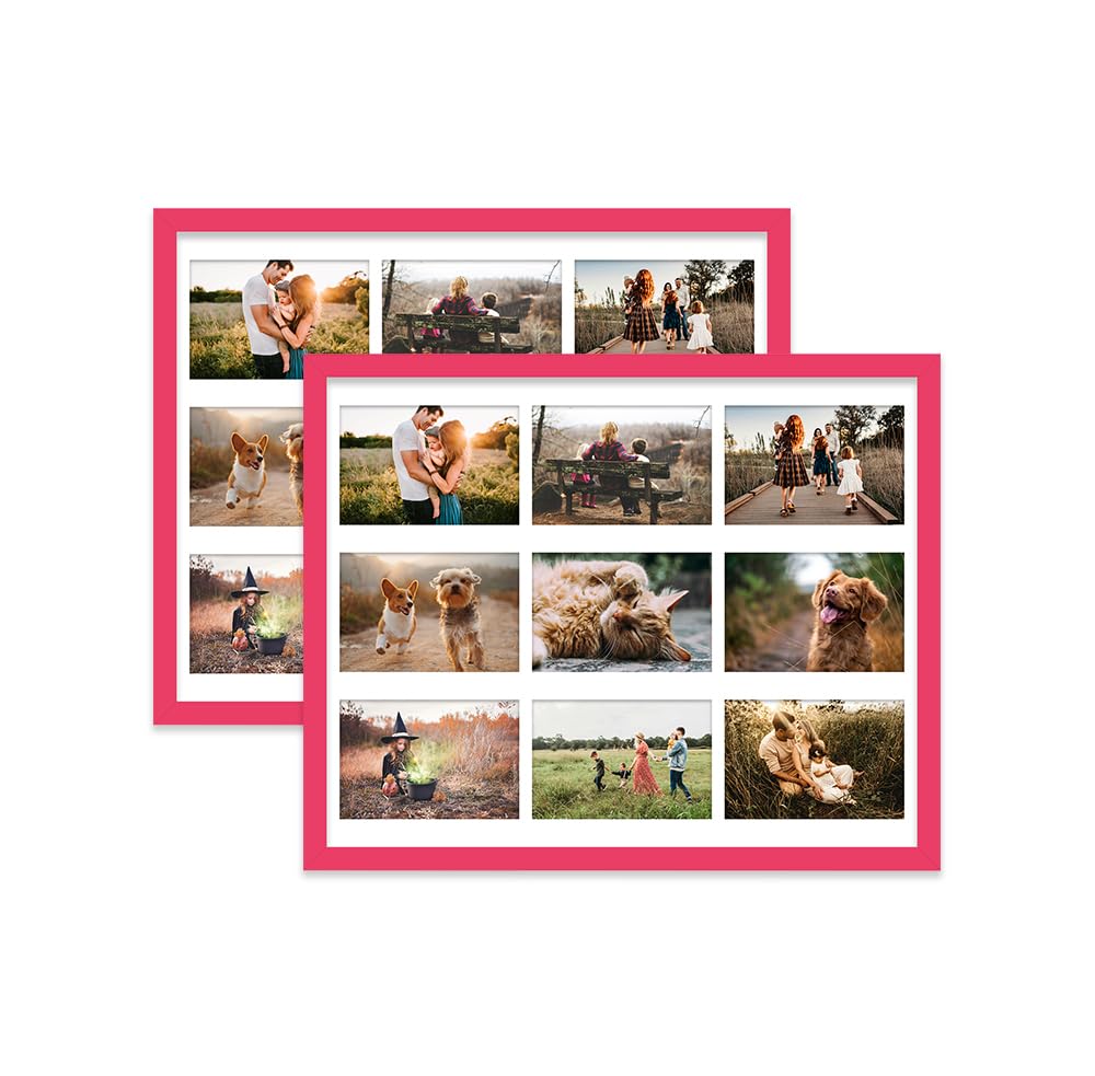 Bright Pink Multi Photo Frame - Holds 9 x 6x4 Pictures, Family Collage Picture Frame for Wall Display, 20x16 Frame size, Set of 2