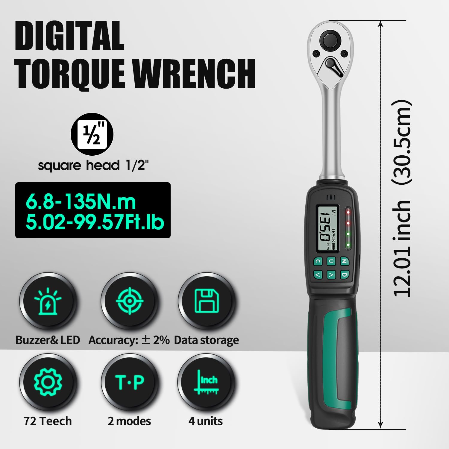 Cyfrowy klucz dynamometryczny z napędem 1/2 cala 5,01-99,49 Ft.lbs./6,8-135 Nm elektroniczne narzędzie precyzyjne funty stóp ± 2% dokładność 999 zestawów danych wyświetlacz LED brzęczyk wibracje