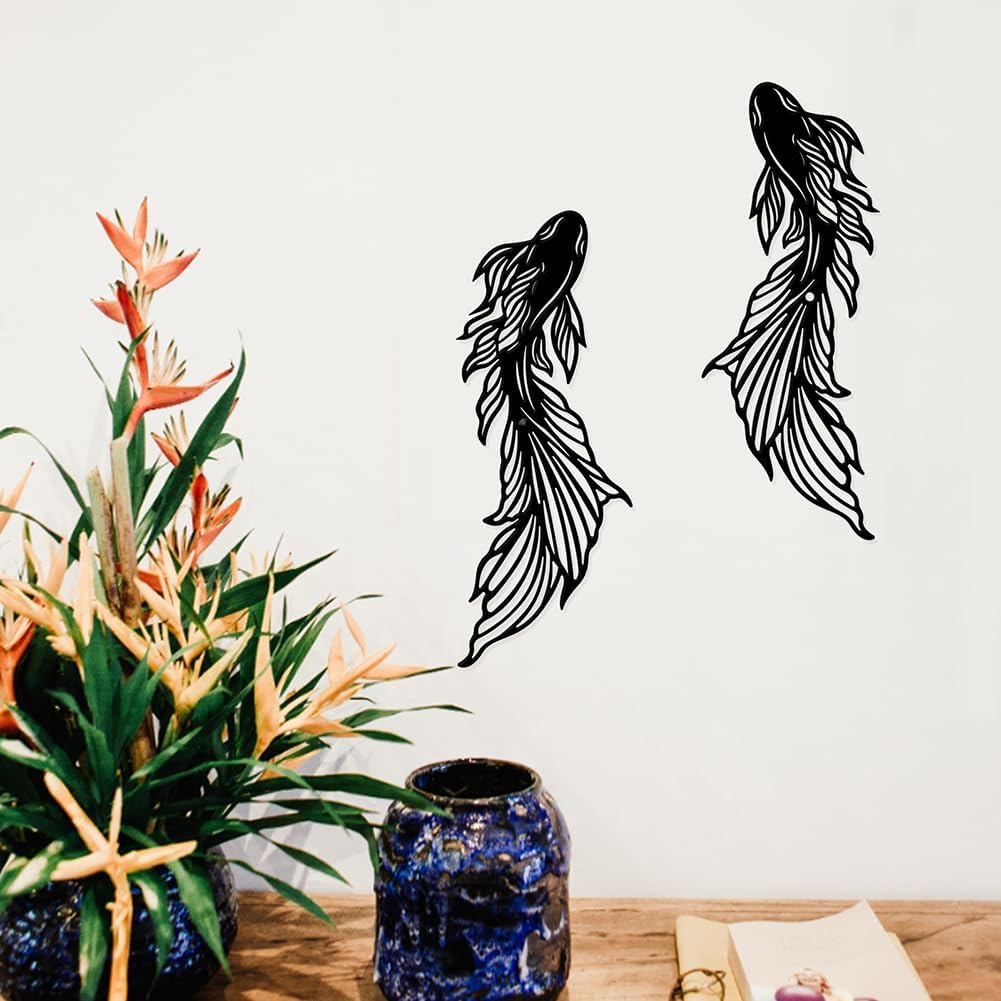 NBEADS2 Pcs Fish Wall Decorations, Iron Wall Sculpture with Screws Black Metal Art Ornament Fish Goldfish Decorative Wall Hanging Artwork for Living Room Indoor Outdoor Home
