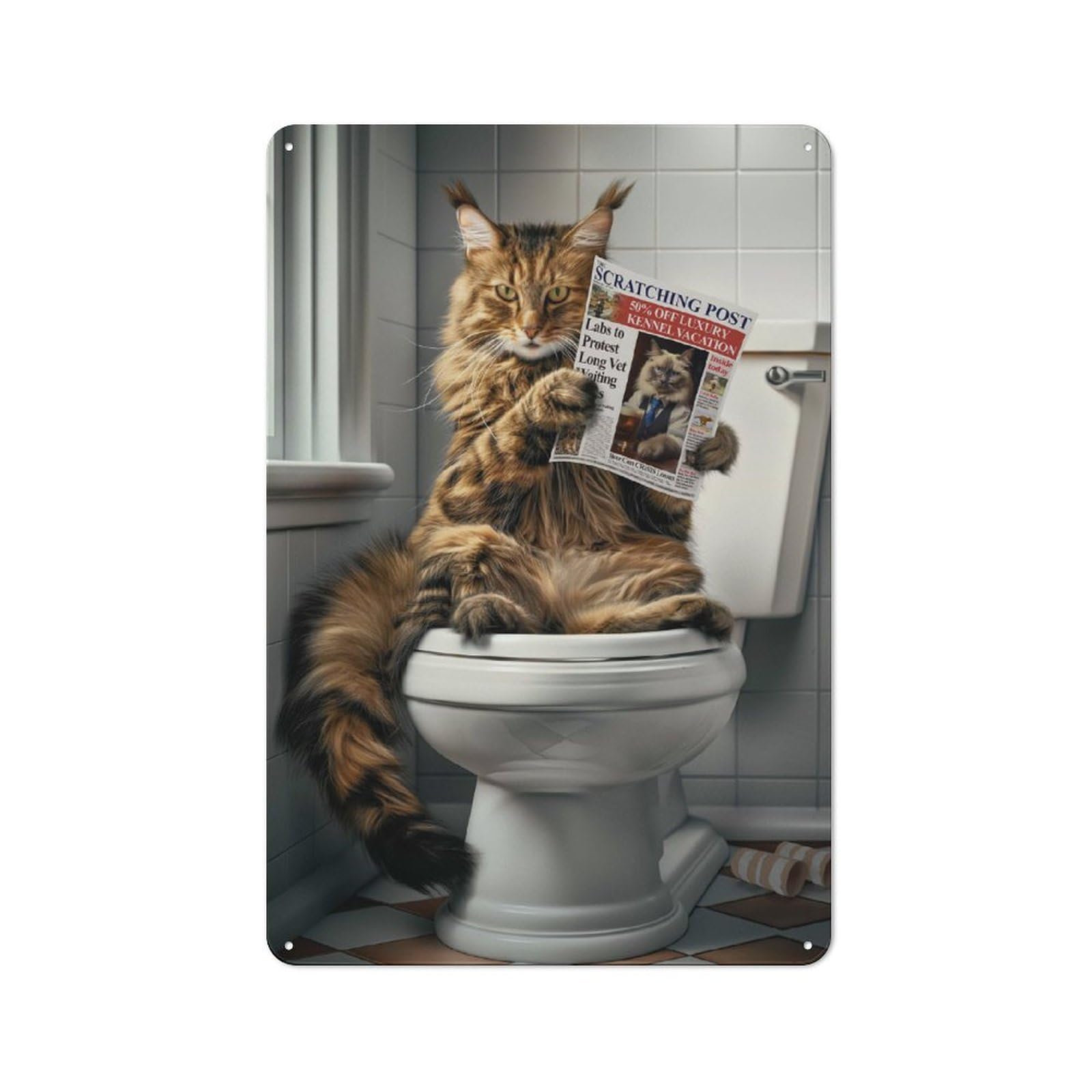 Junmoney Maine Coon Cat On Toilet Rustic Metal Wall Decor 30X20cm, Decorative Tin Plaque For Pub, Home Bar, Shed Or Man Cave