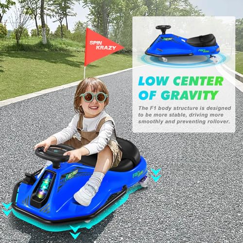 JOYLDIAS 360 Degrees Rotating Ride On Drift Car, 24V Electric Drifting Go Kart for Kids with High/Low Speed, 24V Brushless Motor, Flashing Lights, Flag, Music, Bluetooth for Kids, Blue - Thumbnail 5