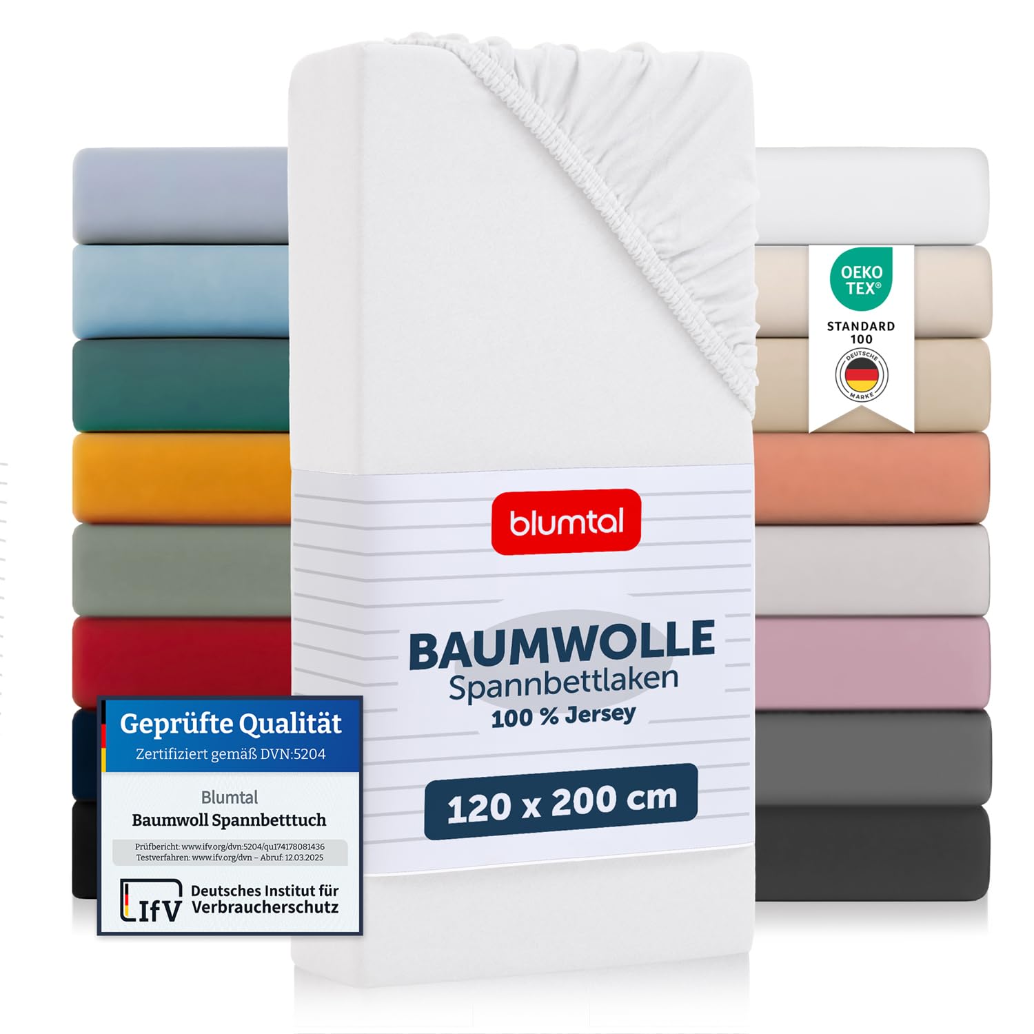 Blumtal® Basics Spannbettlaken 120x200cm Jersey - Bettlaken aus 100% Baumwolle - Oeko-TEX zertifiziertes Spannbetttuch - Matratzenbezug 120x200cm - Bettbezug - Leintuch - Weiß