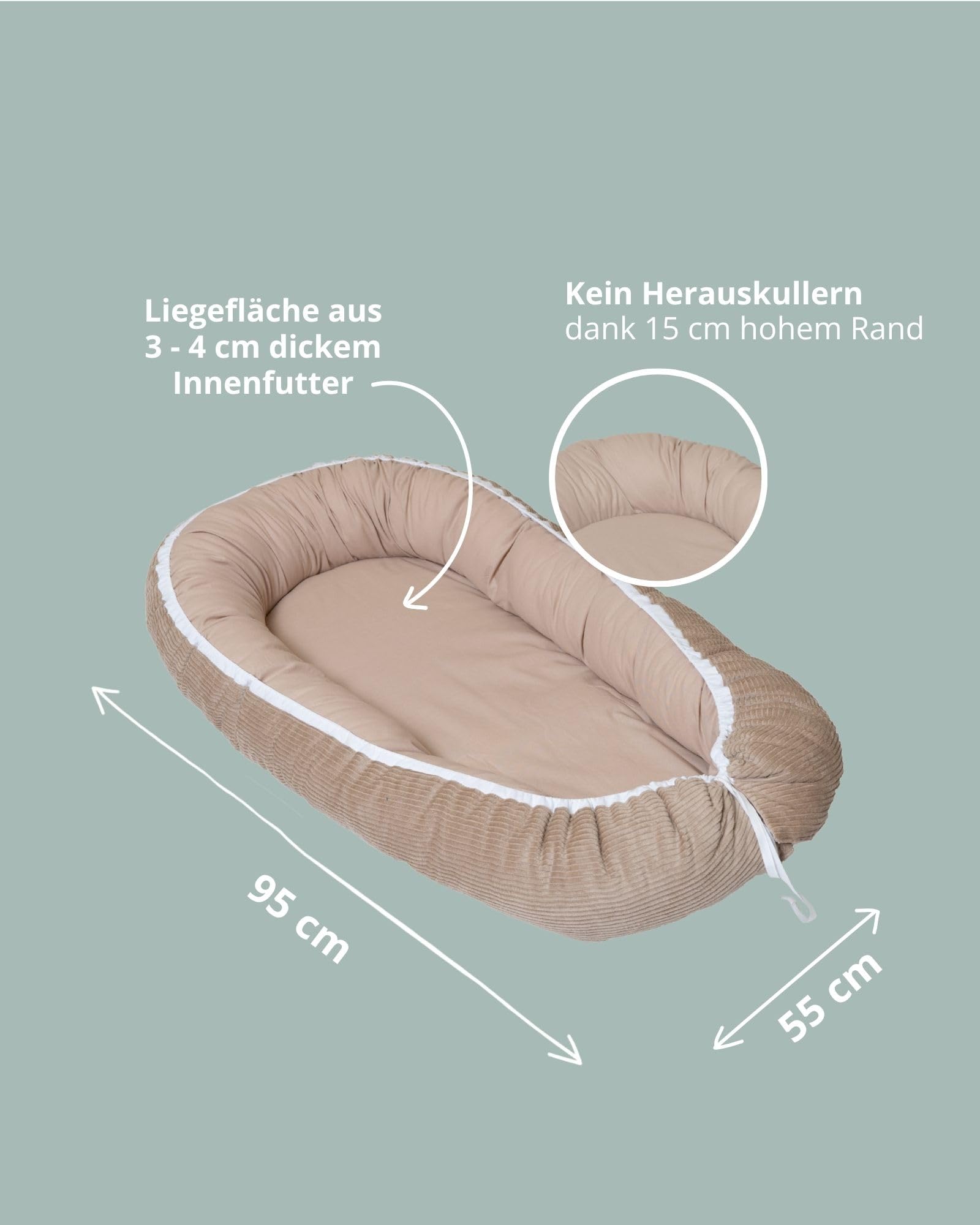 ULLENBOOM Babynest - 100% OEKO-TEX Materialien & Made in EU, Cord Sand - Babynestchen Neugeborene aus kuscheliger Baumwolle, Ideal als Reisebett & Kuschelnest geeignet