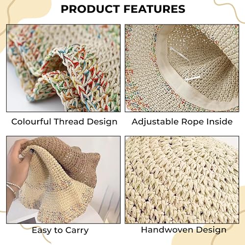 Image of Kraptick Headwear Hats - Lightweight Crocheted Straw Hat for Women, Foldable Summer Beach Hat with UV Protection & Stylish Travel Cap with Wide Brim