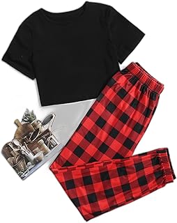 2pc Women Clothing Set Solid Tee Buffalo Plaid Sweatpants